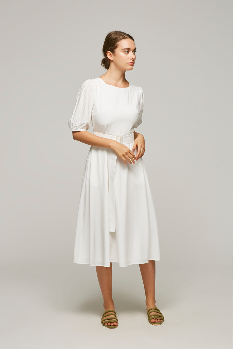 Square-Neck Belted Midi Dress