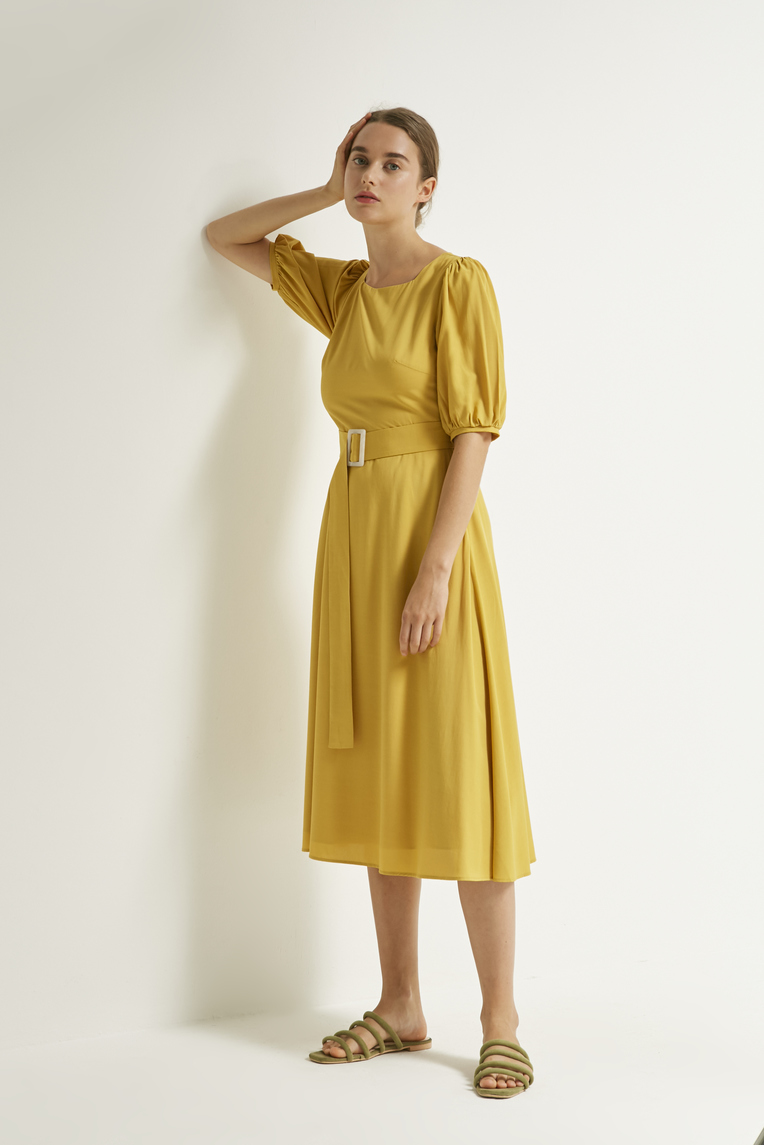Square-Neck Belted Midi Dress