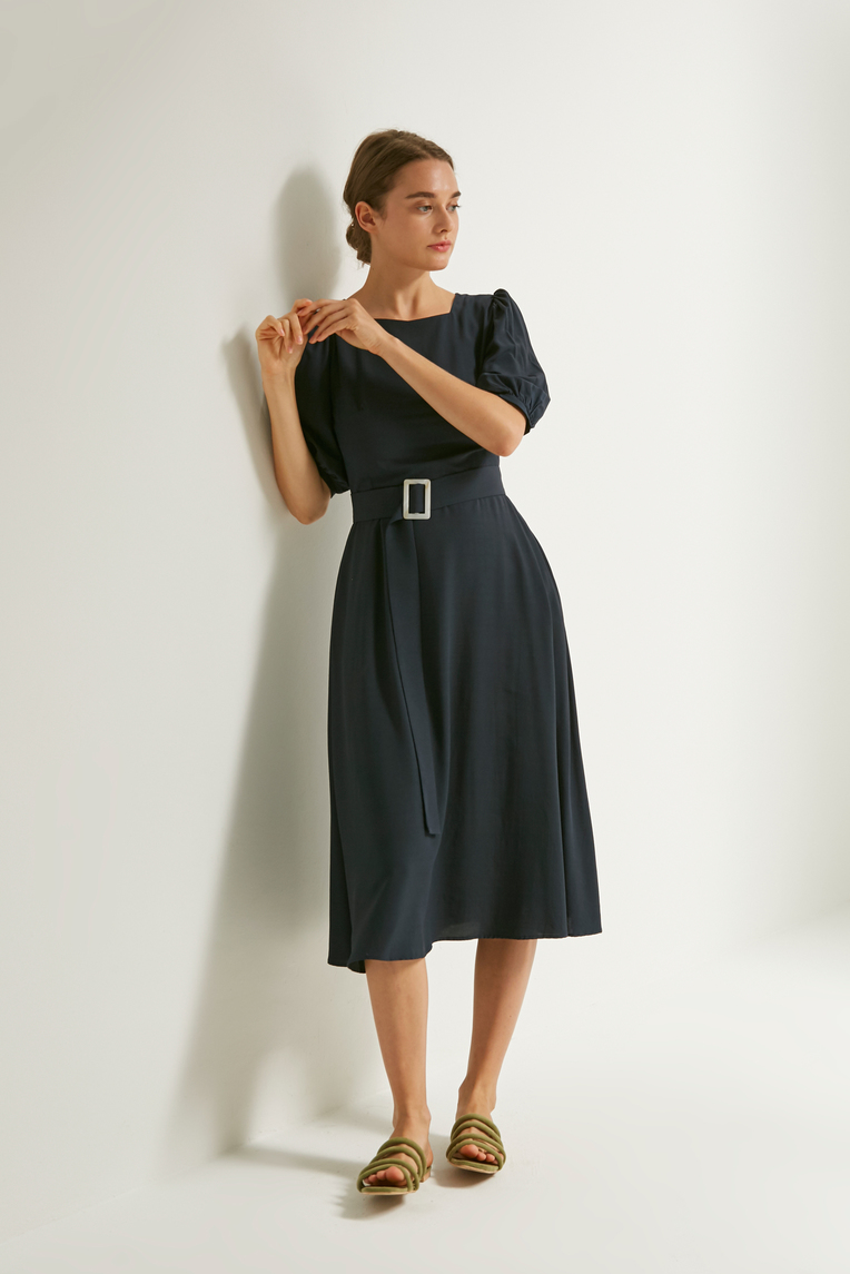 Square-Neck Belted Midi Dress